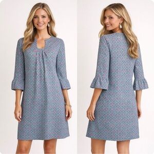 Keyhole Neck A-Line Dress in Blue-Pink Geo Print